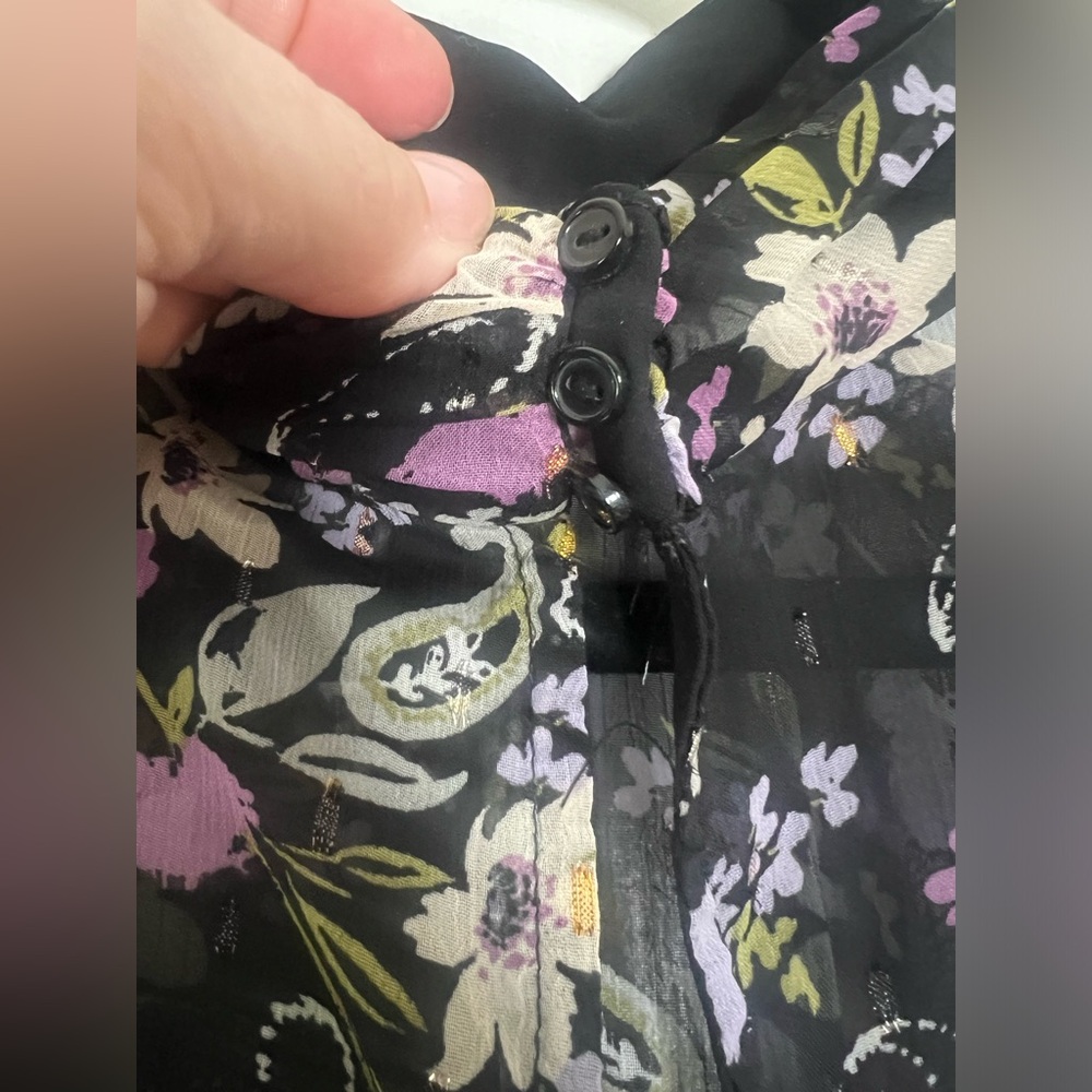 ASTR Floral Blouse Long Sleeve Ruffle Shoulder Black Purple Green Semi Sheer Med - Picture 14 of 14